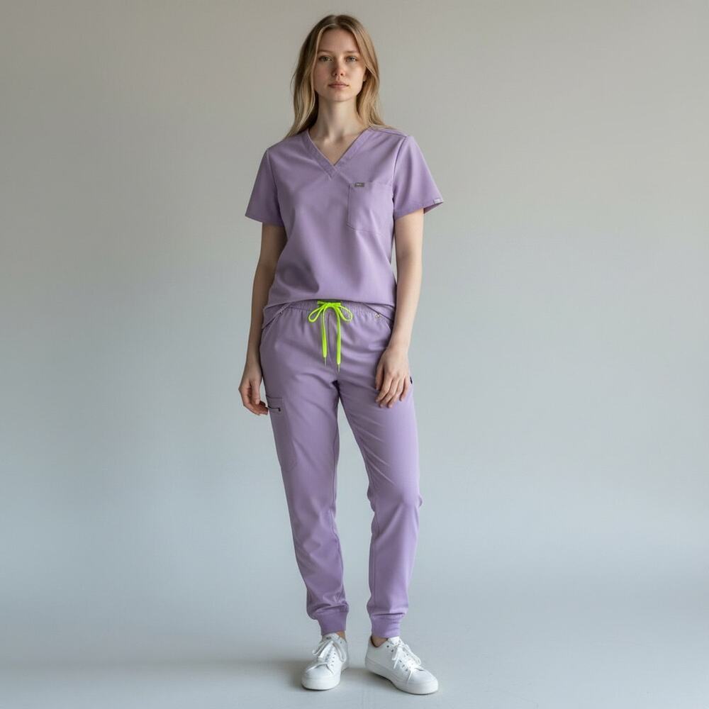FIGS Catarina Top + Zamora Jogger Pant Scrub Set Women's Sz L Purple Haze